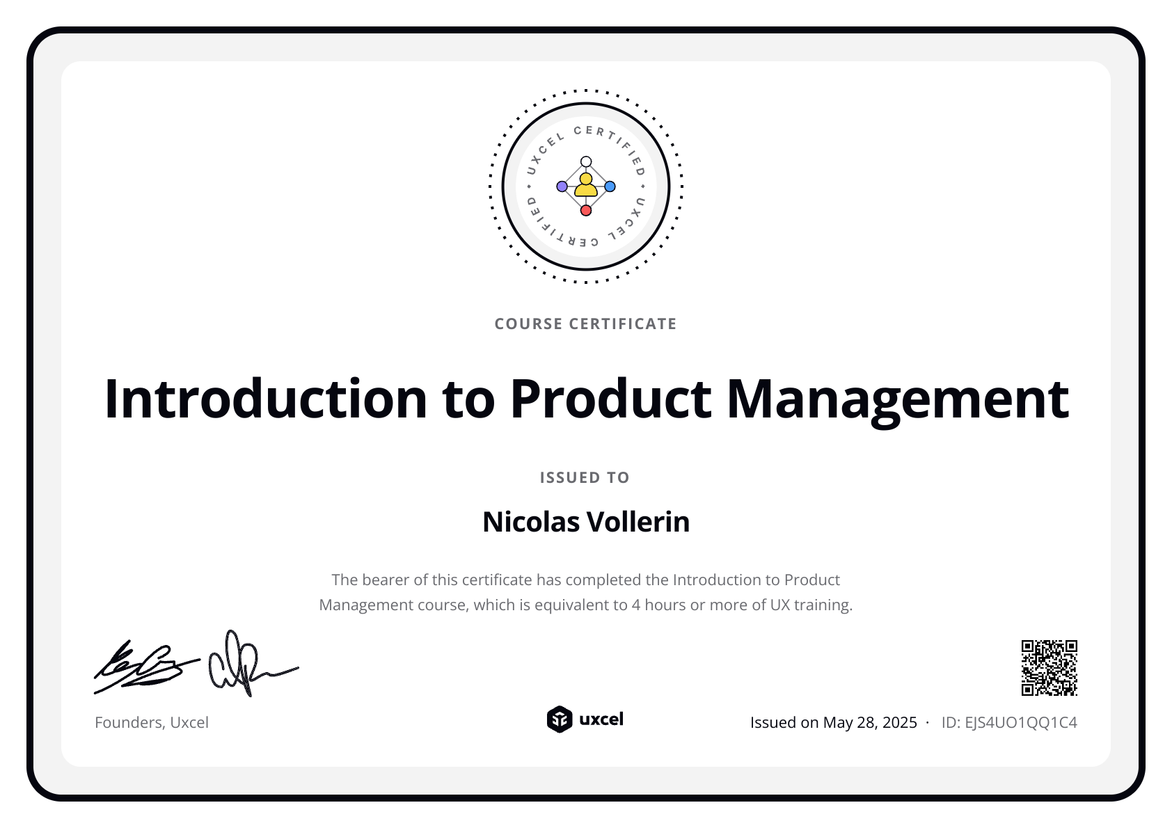 Nicolas Vollerin's certificate